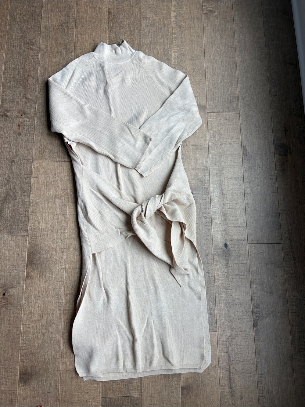 Knot-Waist Long Sleeve Midi Dress in Light Cream